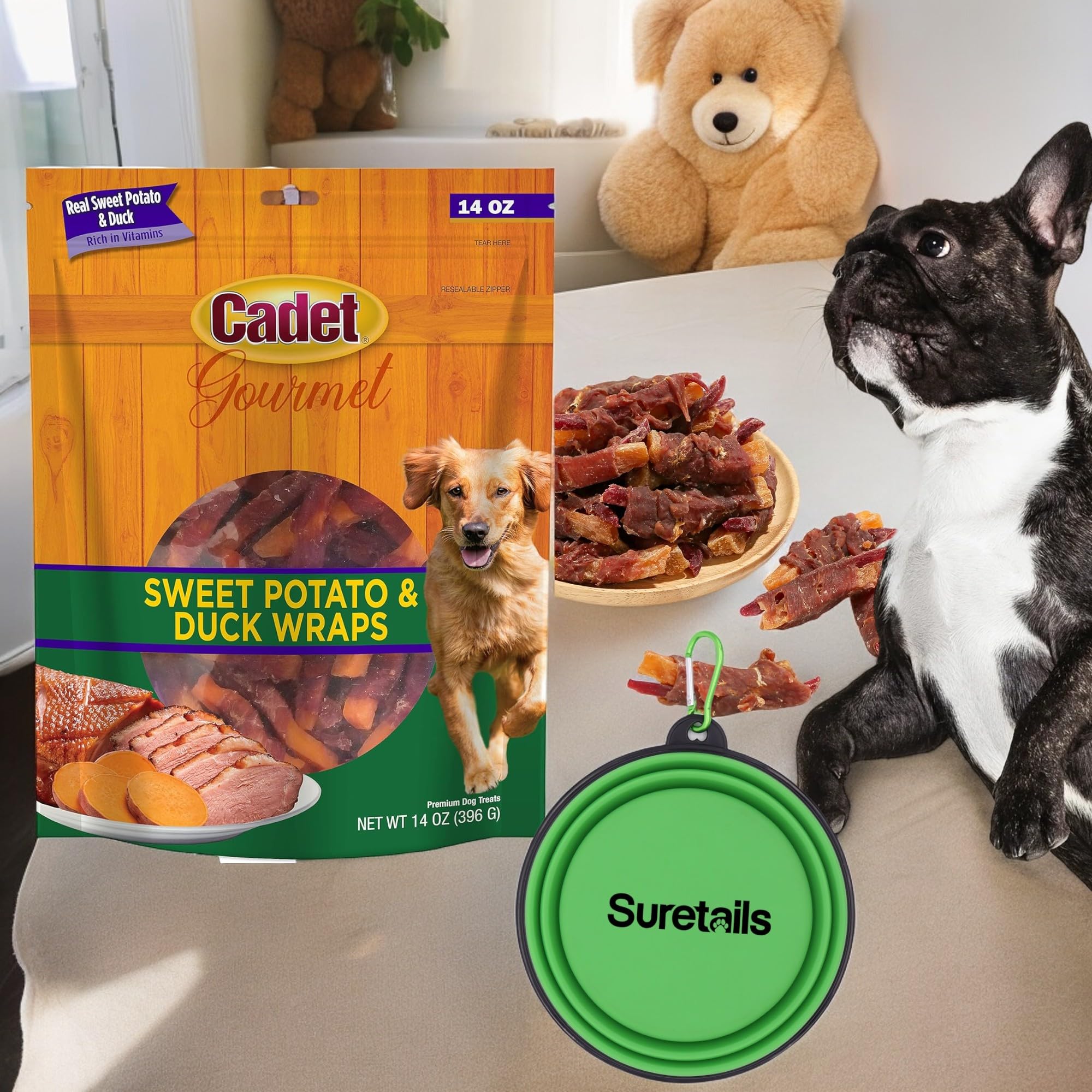 Cadet Breast Dog Treats& Wraps, 14 Oz - | Bundle Silicon Pet Bowl, Premium Dog Treats with Real Breast, Sweet Potato for Dogs, Nutrient-Rich Snacks for Dogs, Made in USA, No Artificial Addit