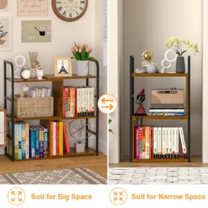 3-Tier Home Office Bookcase Shelf, Expandable Small Book Shelf, Narrow Bookshelves with Metal Frame, Bedroom&Living Room Modern Metal and Wood Standing Storage Shelving Unit Books Shelf Organizer