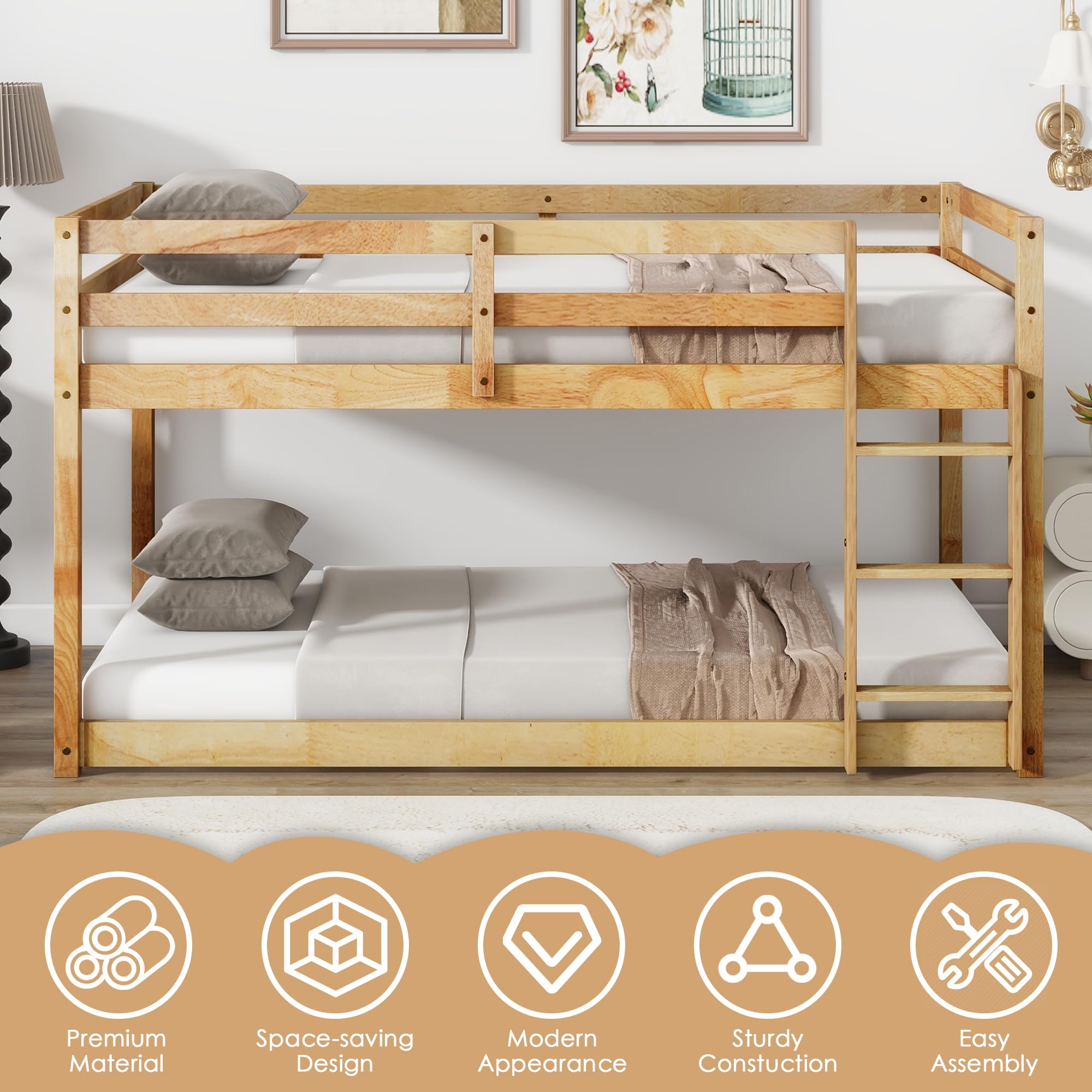 LUKEEHOM Bunk Bed Twin Over Twin, Wood Low Profile Floor Twin Bunk Beds with Ladder Guardrails for Kids Boys and Girls, No Box Spring Needed