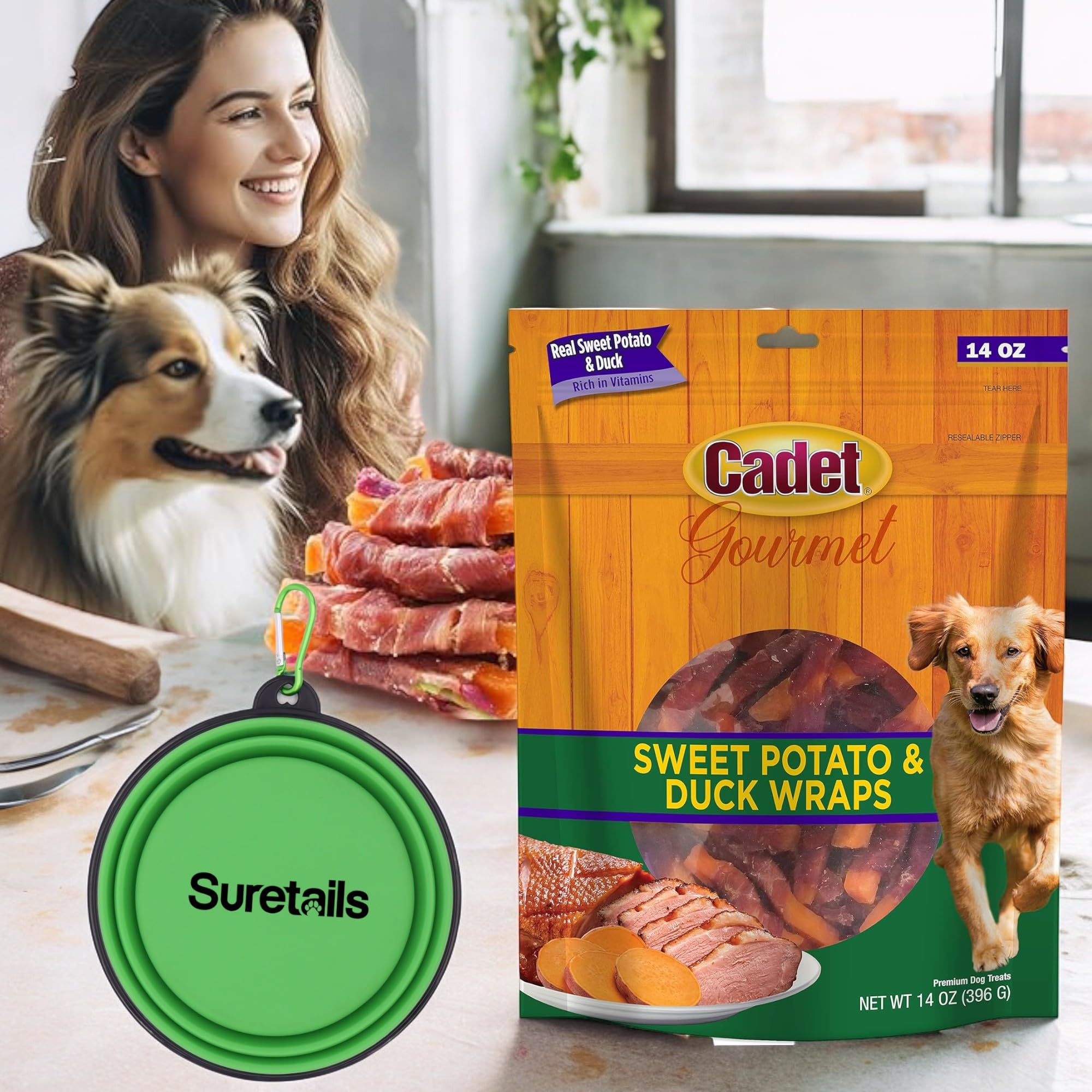 Cadet Breast Dog Treats& Wraps, 14 Oz - | Bundle Silicon Pet Bowl, Premium Dog Treats with Real Breast, Sweet Potato for Dogs, Nutrient-Rich Snacks for Dogs, Made in USA, No Artificial Addit