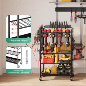 Sttoraboks Power Tool Organizer Cart with Charging Station, Garage Floor Workshop Rolling Storage Cart on Wheels for 6 Mobile Drill, Mechanic, Power Tool Box Utility Cart with Battery Charging, Black