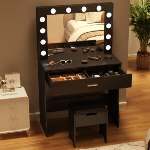 Vanity Desk with Mirror and Lights, Adjustable Brightness, Black Vanity Table Set with Storage Drawer,Makeup Vanity Set with Cushioned Chair