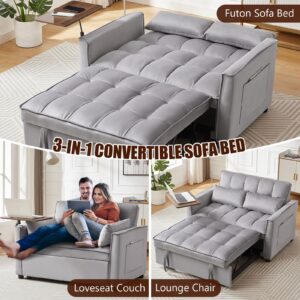 Yafylly 3 in 1 Sleeper Sofa Couch Bed, Pull Out Loveseat with Storage, Full Size Velvet Convertible Chair with 2 Pockets & 2 Pillows for Living Room