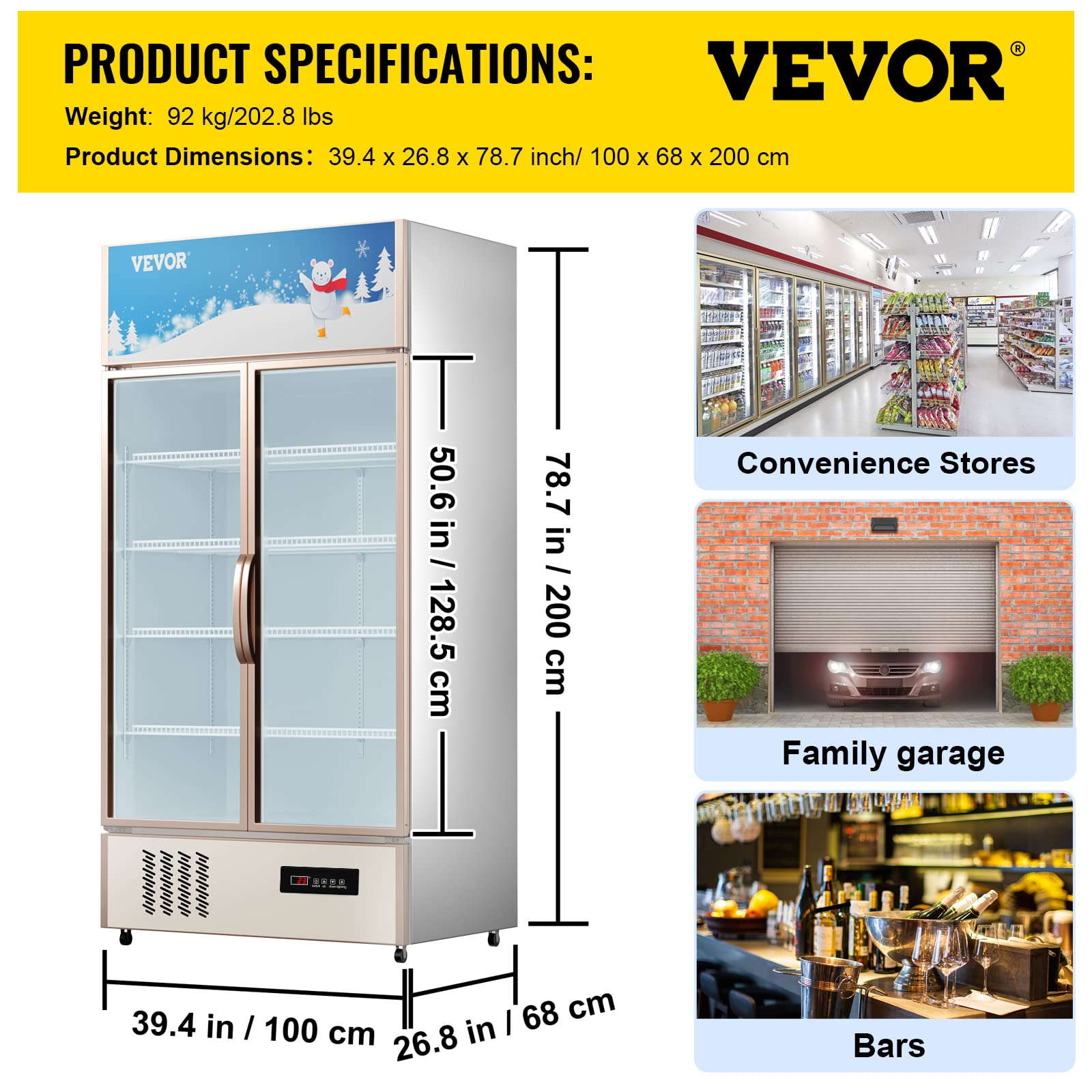 VEVOR Commercial Merchandiser Refrigerator 2 Glass Doors, Cubic Ft, Upright Display Beverage Cooler 79" Tall x 39.4" Width, Fridge with LED Lighting for Drink Wine Soda, Gold, 23 cu.ft