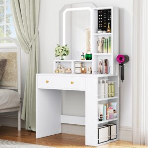 yitahome small makeup vanity desk with mirror and adjustable lights, vanity table with jewelry foam, storage drawer, shelves, and side storage for bedroom, dressing room