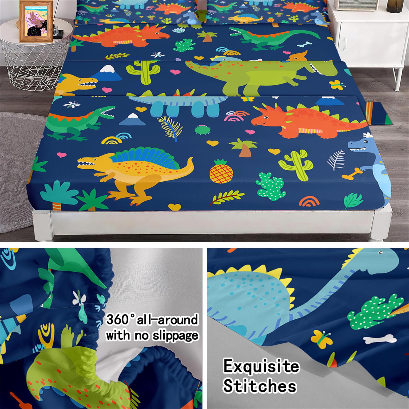 Dinosaur Sheet Set Twin - 3Pcs Boys Dinosaur Twin Size Bedding Set Blue Cartoon Dinosaur Bed Sheet with 1 Fitted Sheet & 1 Flat Sheet + 1 Pillowcase Toddler Bed Sheets for Boys Kids Bedroom Set