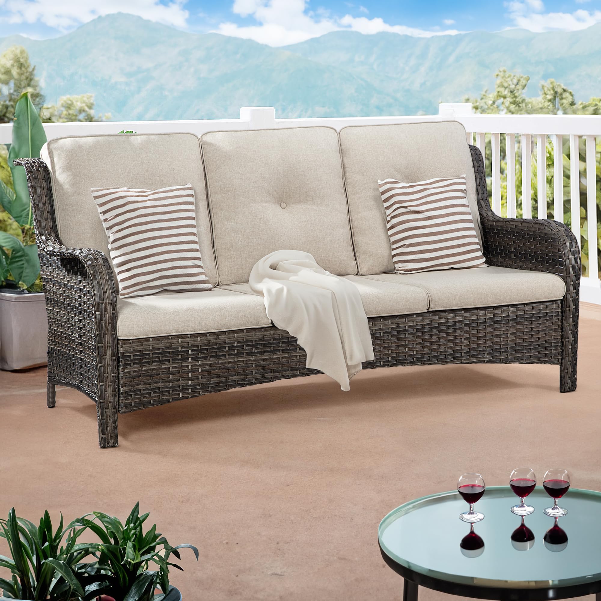 Gardenbee Outdoor Couch Wicker Patio Sofa - 3-Seat Patio Sofa with Deep Seating and Comfortable Cushions, Beige