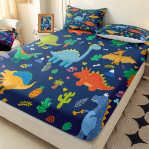 Dinosaur Sheet Set Twin - 3Pcs Boys Dinosaur Twin Size Bedding Set Blue Cartoon Dinosaur Bed Sheet with 1 Fitted Sheet & 1 Flat Sheet + 1 Pillowcase Toddler Bed Sheets for Boys Kids Bedroom Set