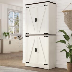 chartustriable 71in farmhouse kitchen pantry cabinet,tall storage cabinet with 4 doors and adjustable shelves,with load-bearing steel pipe,wood storage cabinets for kitchen,dining room,bathroom(white)