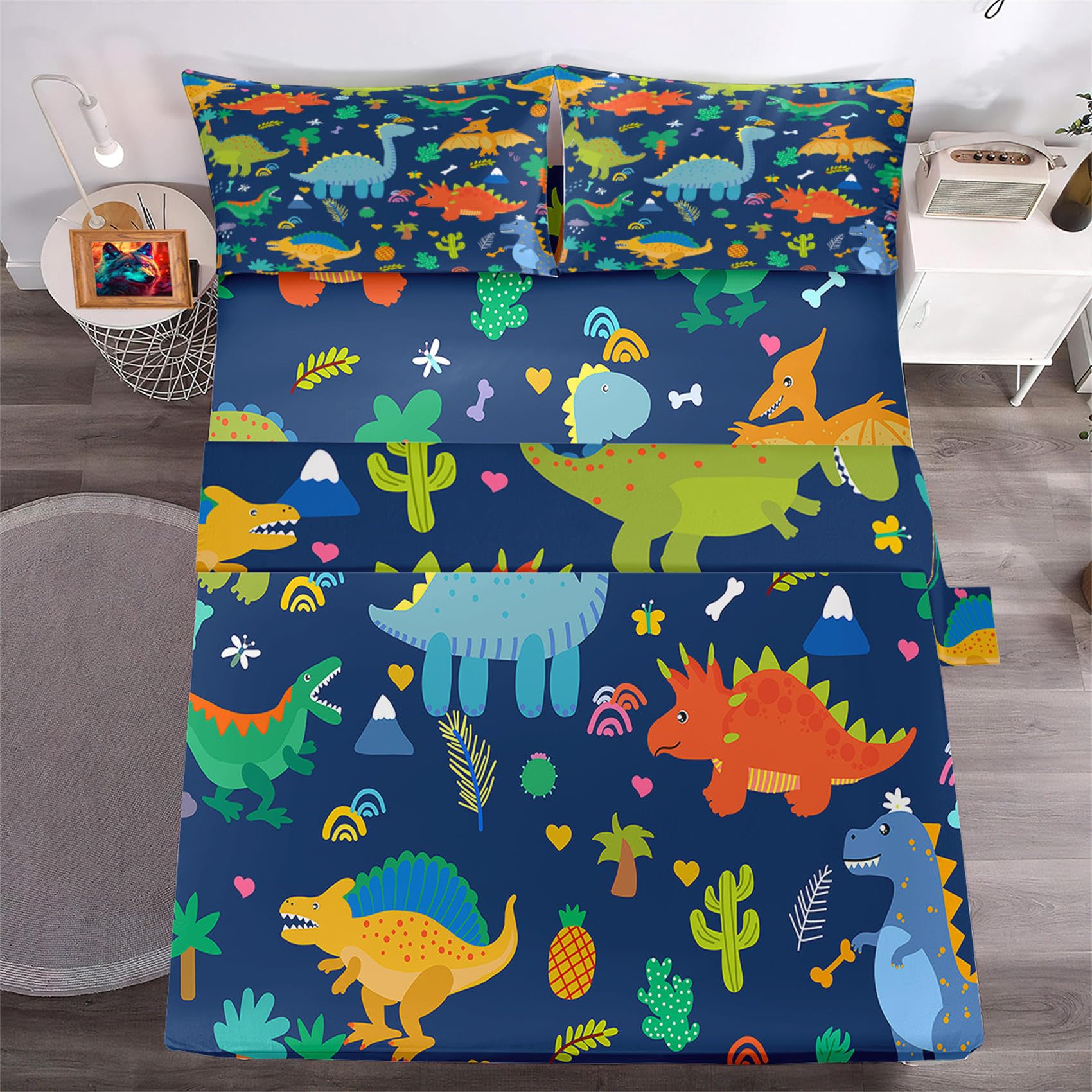 Dinosaur Sheet Set Twin - 3Pcs Boys Dinosaur Twin Size Bedding Set Blue Cartoon Dinosaur Bed Sheet with 1 Fitted Sheet & 1 Flat Sheet + 1 Pillowcase Toddler Bed Sheets for Boys Kids Bedroom Set