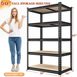 REIBII Garage Shelving 2000LBS Storage Shelves Heavy Duty Shelving 5 Tier Adjustable Metal Shelves for Garage Shelves Sturdy Shelving Unit Storage Rack for Kitchen Pantry Basement, 60" H x28 Wx 14" D