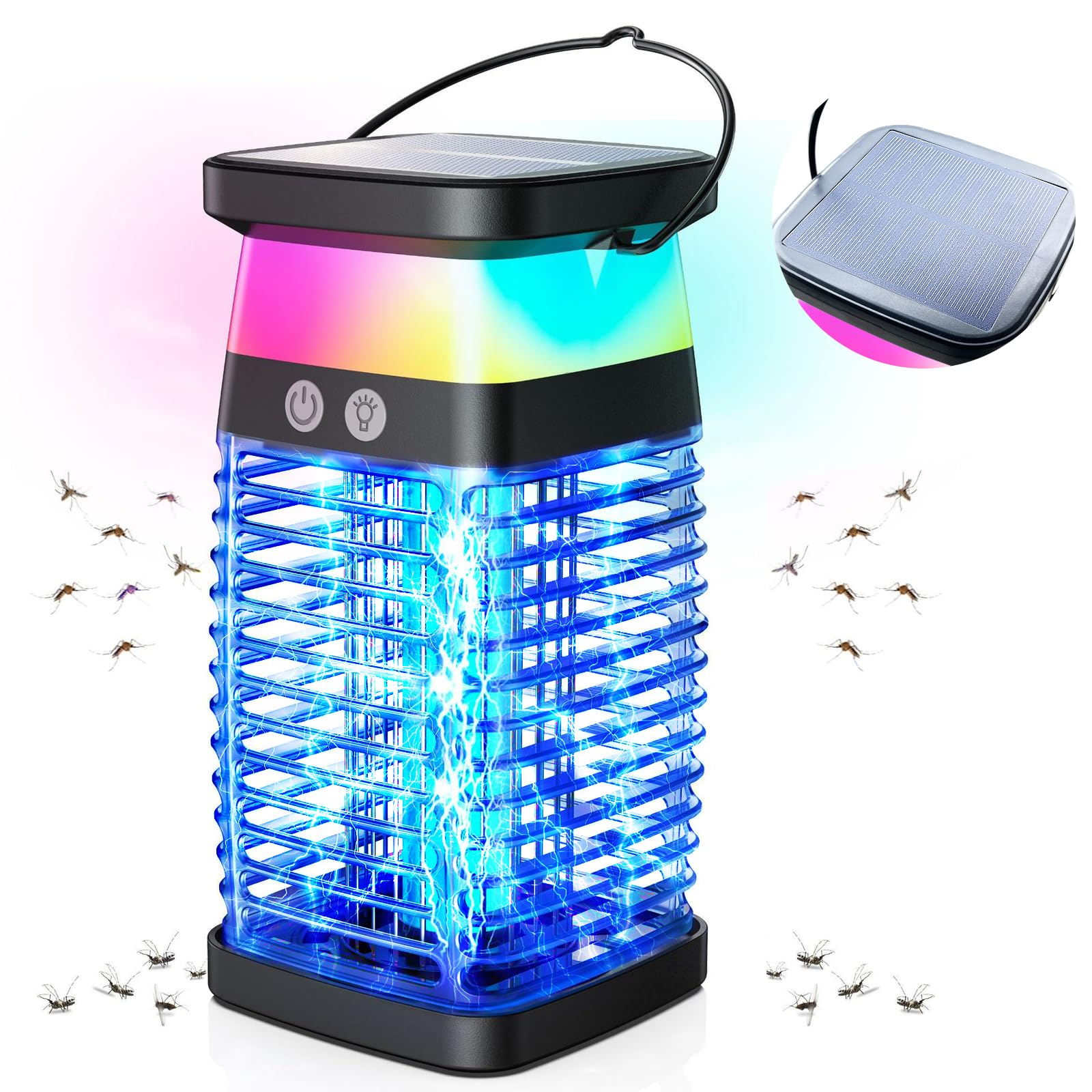 Solar Bug Zapper Outdoor Indoor, 3 in 1 Portable Electric Mosquito Zapper, Waterproof Plug in with RGB Light & Reading Lamp, Rechargeable Fly Zapper Insect Trap for Patio Camping Home Backyard