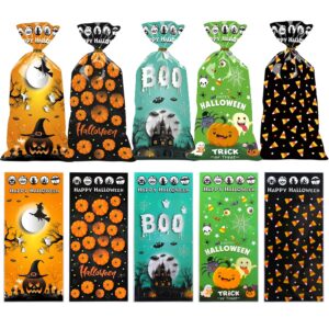 fxmhehbb halloween cellophane candy bags, 150 pcs plastic halloween trick or treat bags goodies bags with twist ties for snacks cookies