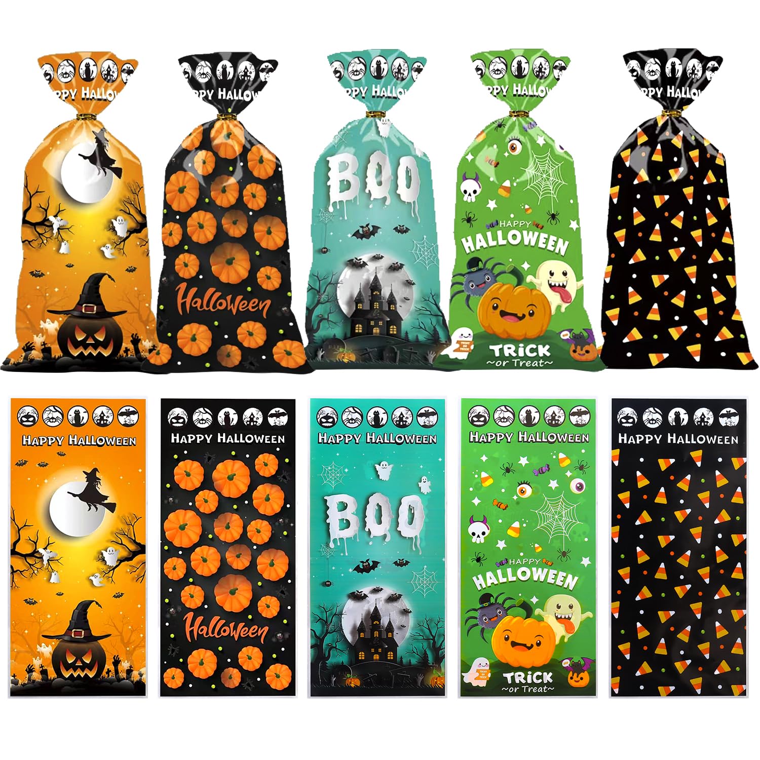 FXMHEHBB Halloween Cellophane Candy Bags, 150 Pcs Plastic Halloween Trick or Treat Bags Goodies Bags with Twist Ties for Snacks Cookies