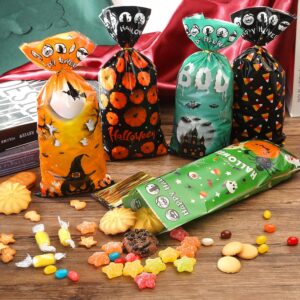 FXMHEHBB Halloween Cellophane Candy Bags, 150 Pcs Plastic Halloween Trick or Treat Bags Goodies Bags with Twist Ties for Snacks Cookies