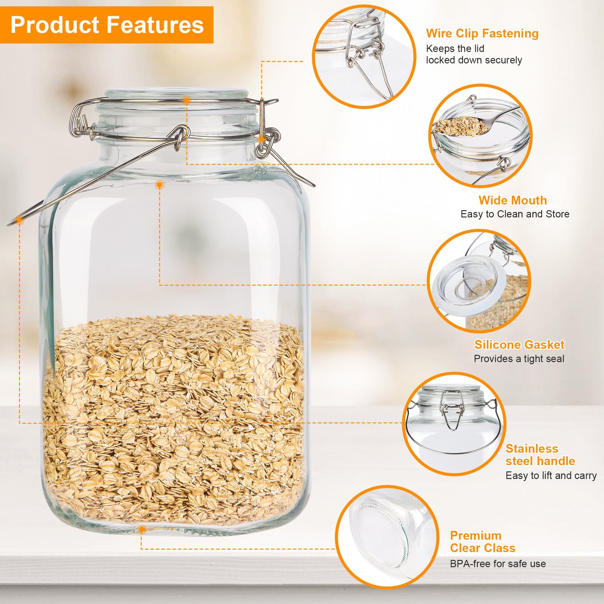 Glass Jars with Airtight Lid, 1 Gallon Food storage containers with Lids, Cereal Containers Storage, 2 Pack Large Kitchen Glass Containers for Flour, Cereal, Coffee, Rice, Pasta and Canning.