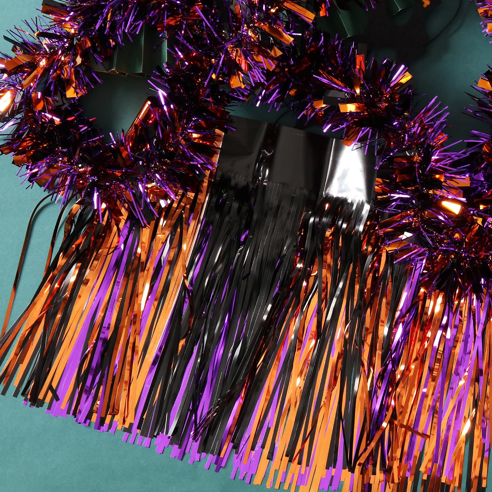 Ohiyoo 5 Pack 10 Feet Halloween Foil Fringe Garland Orange Black Purple Fringe Garland Metallic Tinsel Streamers Fringe Backdrop Banner for Halloween Parade Floats Halloween Party Decoration