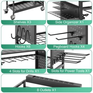 Sttoraboks Power Tool Organizer Cart with Charging Station, Garage Floor Workshop Rolling Storage Cart on Wheels for 6 Mobile Drill, Mechanic, Power Tool Box Utility Cart with Battery Charging, Black