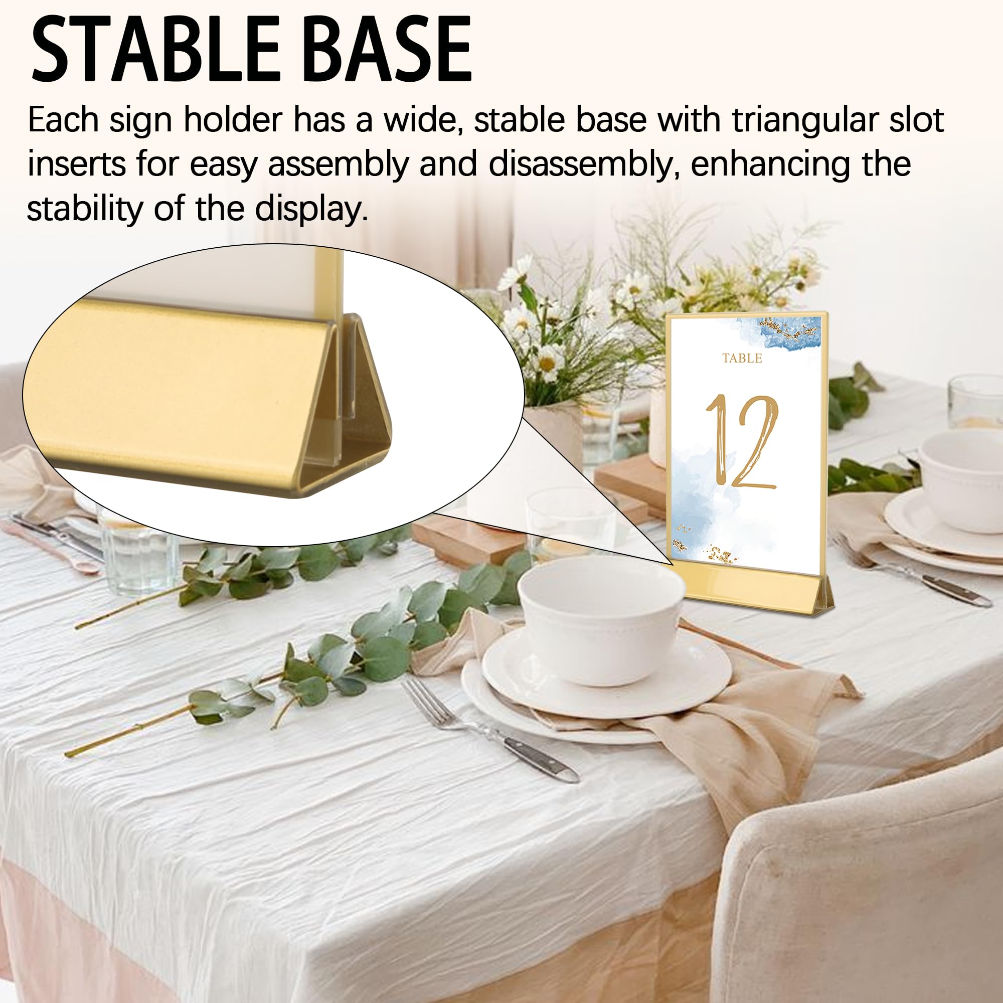 TonGass (12-Pack, Gold 5"x7" Standard Double-Sided Acrylic Wedding Table Numbers Picture Frames Clear Sign Holders with 3mm Gold Border & Vertical Stand Wedding Table Number Holder