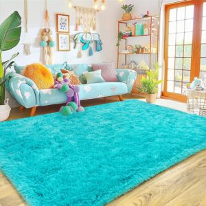 super soft fluffy rug for living room bedroom, modern shaggy rug fuzzy kids rug for living room, plush indoor nursery classroom home decor bedside rug with non-slip bottom, teal blue, 4 x 6 feet