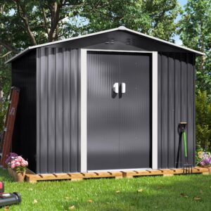 JAXPETY 8x8 FT Outdoor Storage Shed, Large Metal Shed & Outdoor Storage Garden Shed Tool with Lockable Sliding Doors and Air Vent for Backyard, Patio, Lawn