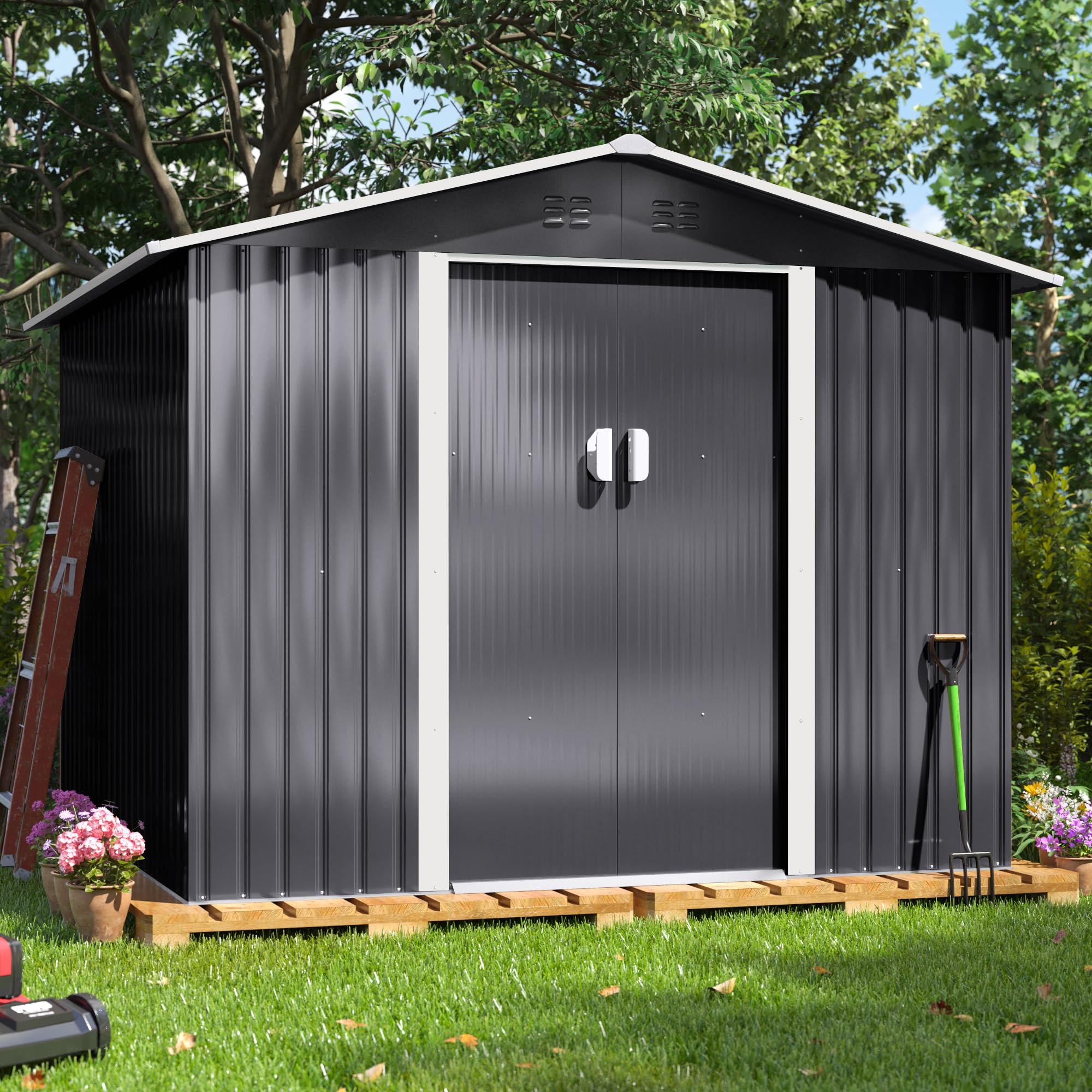 JAXPETY 8x8 FT Outdoor Storage Shed, Large Metal Shed & Outdoor Storage Garden Shed Tool with Lockable Sliding Doors and Air Vent for Backyard, Patio, Lawn