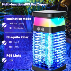 Solar Bug Zapper Outdoor Indoor, 3 in 1 Portable Electric Mosquito Zapper, Waterproof Plug in with RGB Light & Reading Lamp, Rechargeable Fly Zapper Insect Trap for Patio Camping Home Backyard