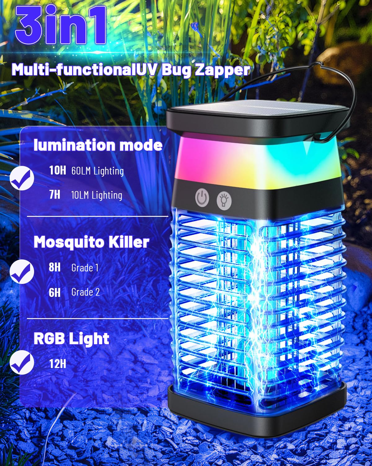 Solar Bug Zapper Outdoor Indoor, 3 in 1 Portable Electric Mosquito Zapper, Waterproof Plug in with RGB Light & Reading Lamp, Rechargeable Fly Zapper Insect Trap for Patio Camping Home Backyard