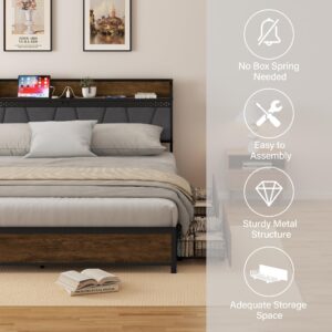 CXVX King Size Bed Frame with Storage Headboard, Metal Platform Bed Frame with 4 Storage Drawers and Charging Station & LED, Metal Support, Noise-Free, No Box Spring Needed, Easy to Assemble