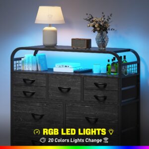 EnHomee Black Dresser with LED Lights & Charging Station, Dresser for Bedroom with 2 Tier Shelves & 4 Hooks, 11 Drawers Dresser, Closet, Living Room, Entryway,Sturdy Frame,Wooden Top