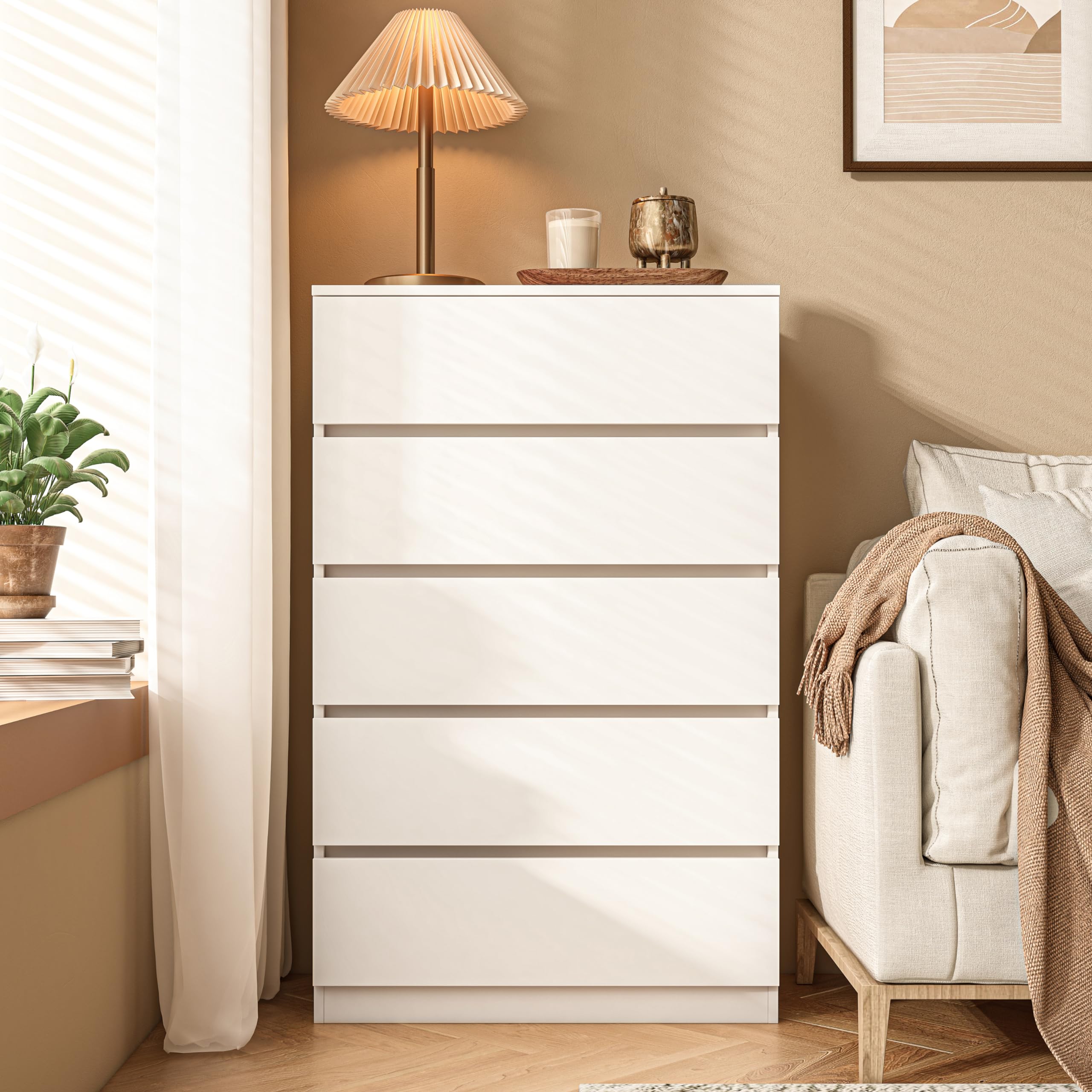 5 Drawer Dresser, White Dresser for Bedroom Wooden Tall Closet Drawers, Modern Nightstand with Drawers Clothing Organizer Cabinet for Nursery, Living Room,Hallway, 27.6 in, Top and Chest