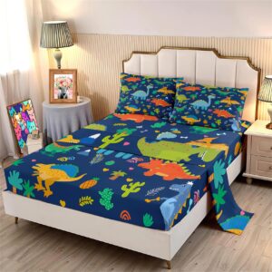 dinosaur sheet set twin - 3pcs boys dinosaur twin size bedding set blue cartoon dinosaur bed sheet with 1 fitted sheet & 1 flat sheet + 1 pillowcase toddler bed sheets for boys kids bedroom set