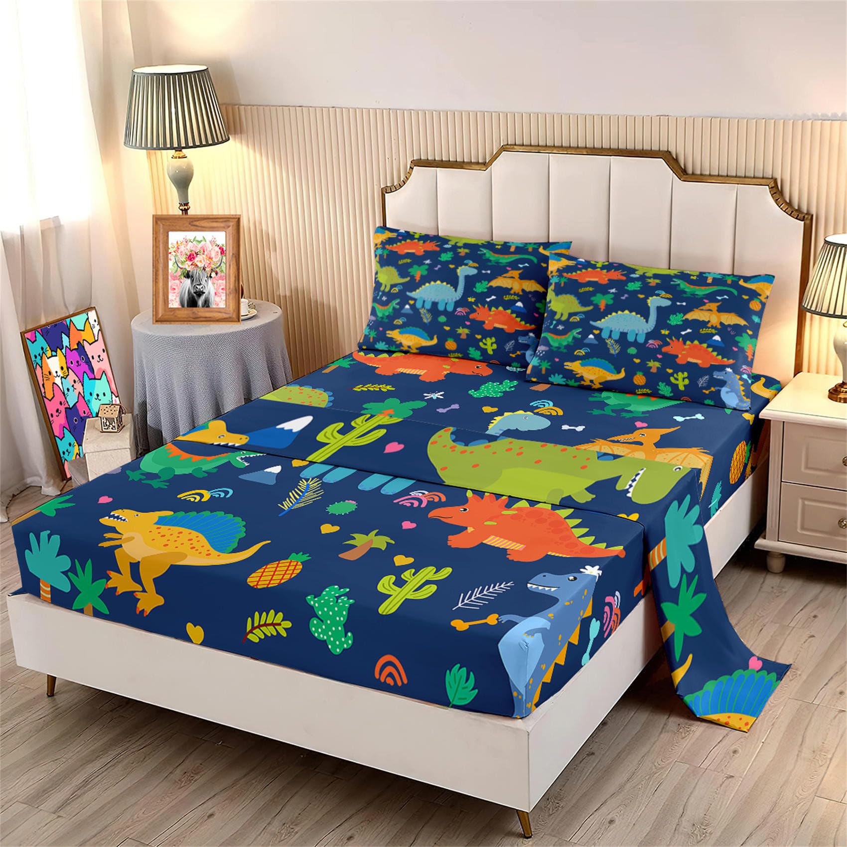 Dinosaur Sheet Set Twin - 3Pcs Boys Dinosaur Twin Size Bedding Set Blue Cartoon Dinosaur Bed Sheet with 1 Fitted Sheet & 1 Flat Sheet + 1 Pillowcase Toddler Bed Sheets for Boys Kids Bedroom Set