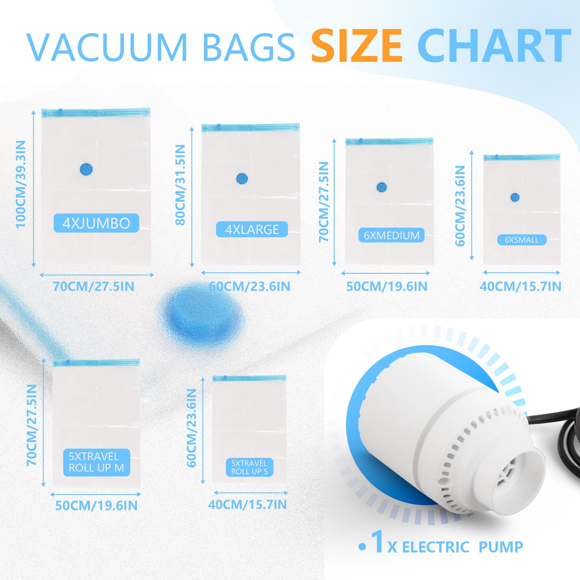 25 Pack Vacuum Storage Bags with Electric Air Pump, Space Saver Bags (3 Jumbo/4 Large/5 Medium/5 Small/4 Roll M/4 Roll S) Vacuum Sealer Bags for Clothes, Blanket, Duvets, Pillows, Comforters, Travel