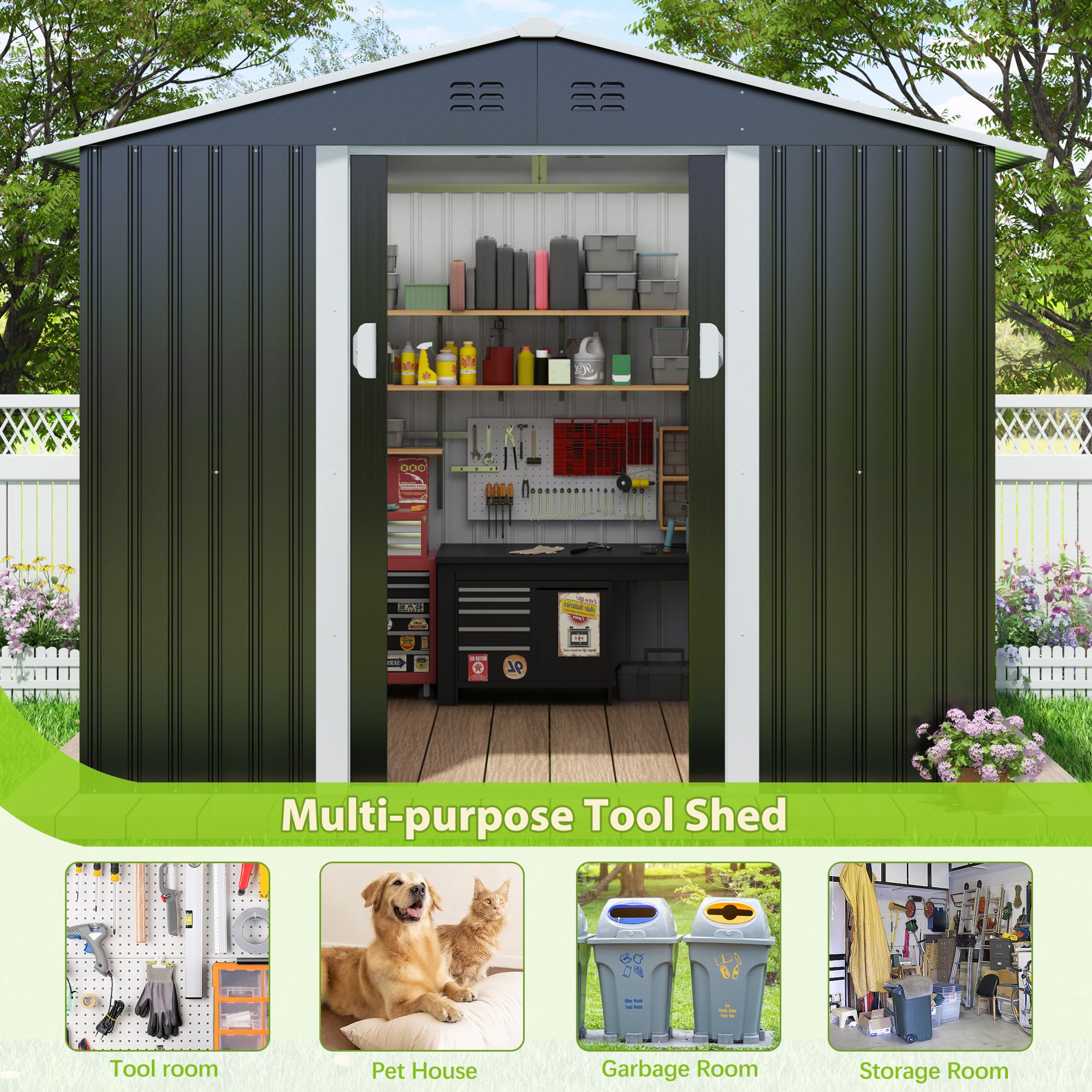 JAXPETY 8x8 FT Outdoor Storage Shed, Large Metal Shed & Outdoor Storage Garden Shed Tool with Lockable Sliding Doors and Air Vent for Backyard, Patio, Lawn