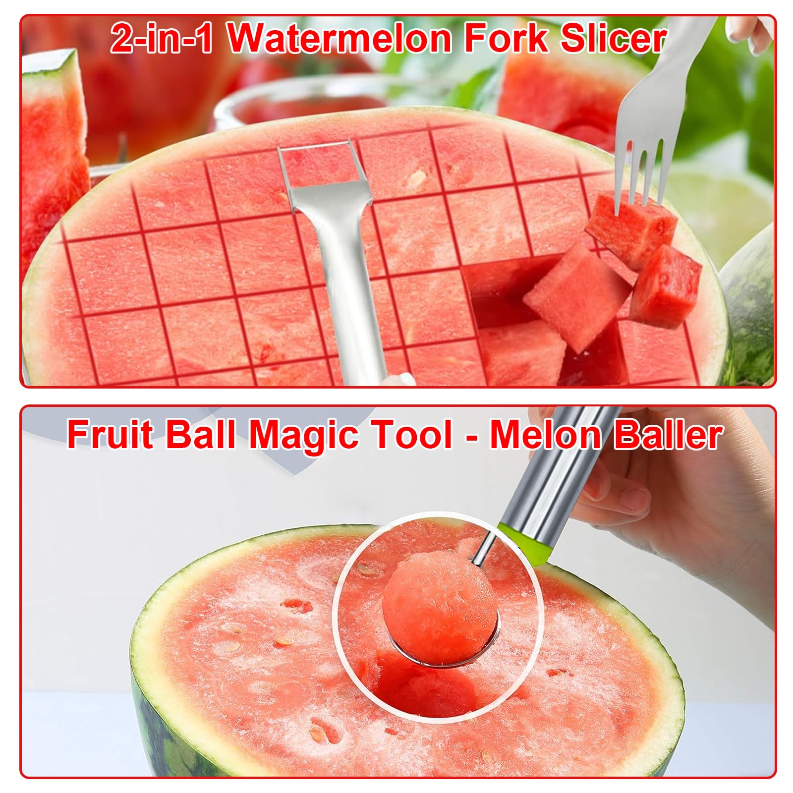 2-in-1 Stainless Steel Watermelon Fruit Cutter Slicer Tool and Melon Baller Scoop Fruit Ball Cutter Set, 2024 New Dual Head Fork Knife Melon Cutter Cutting Tool, for Home Kitchen Gadget (2 Pcs)