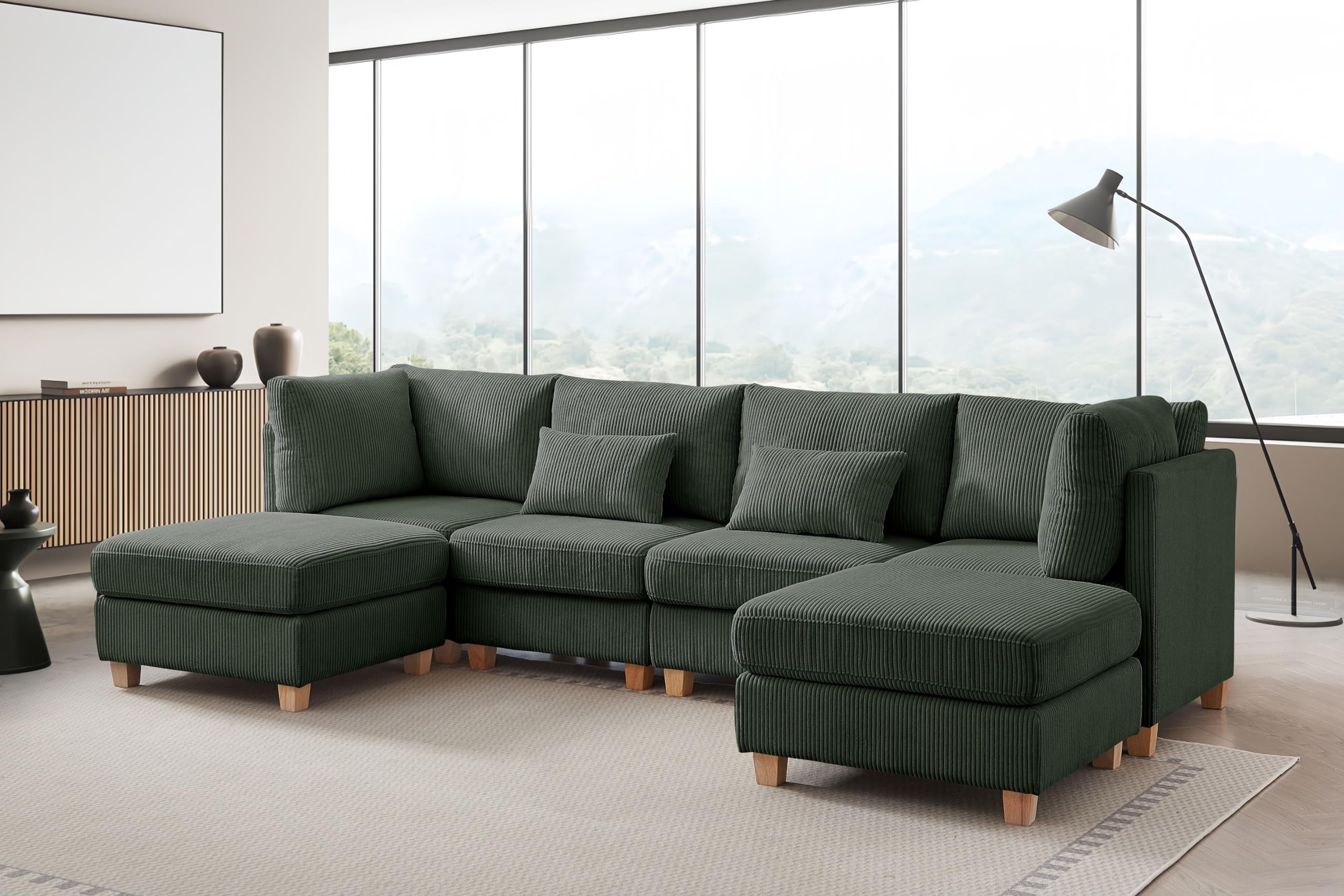 MYINDA U Shaped Sectional Couches for Living Room, 110 Inch Modular Sectional Sofa with Movable Ottoman, Corduroy Oversized Living Room Furniture Sets (Dark Green)