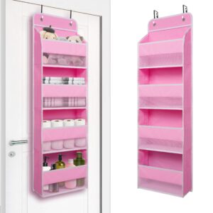 over door hanging organizer with 4 large capacity pockets, ideal storage for closet, bathroom, nursery, bedroom, dorm, toys, cosmetics, and baby essentials, pink