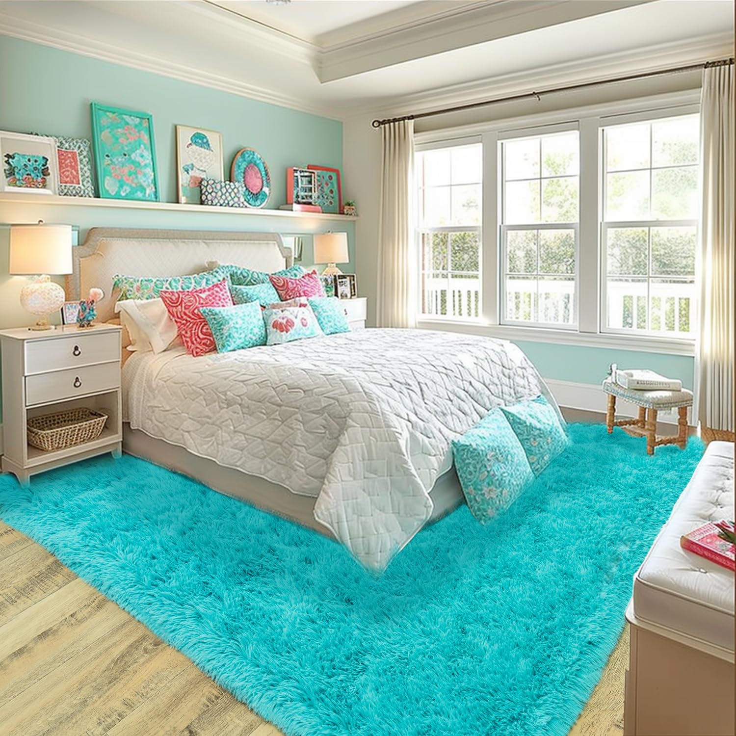 Super Soft Fluffy Rug for Living Room Bedroom, Modern Shaggy Rug Fuzzy Kids Rug for Living Room, Plush Indoor Nursery Classroom Home Decor Bedside Rug with Non-Slip Bottom, Teal Blue, 4 X 6 Feet