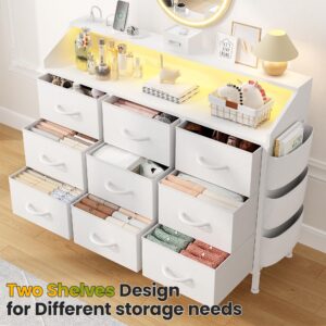 Lulive White Dresser for Bedroom 9 Drawers - Fabric Dressers for Bedroom with LED Light & Charging Station - Adults Chest of Drawers for Living Room Hallway Closet Nursery (White)