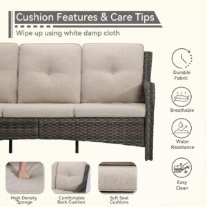 Gardenbee Outdoor Couch Wicker Patio Sofa - 3-Seat Patio Sofa with Deep Seating and Comfortable Cushions, Beige