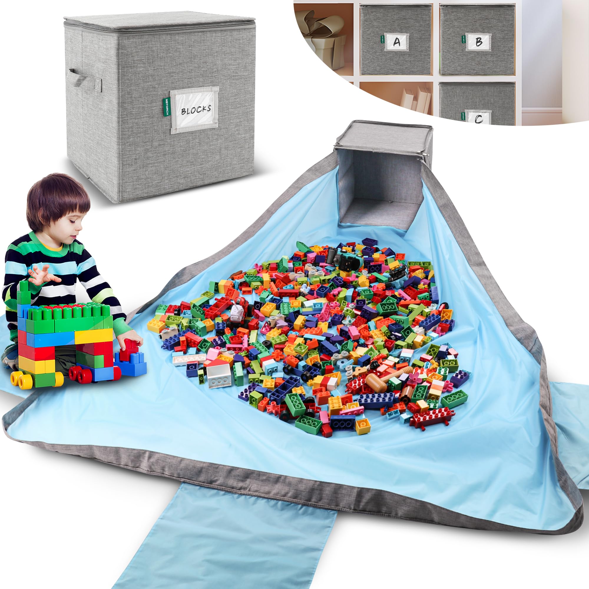 NBTORCH Toy Storage Organizer & Large Play Mat with 3 Seats for Kids - Storage Basket for Building Blocks - Collapsible Fabric Cube Bin 13"x13"x13"