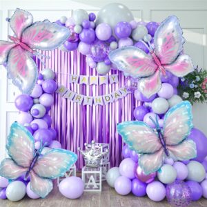 AEXHOT 8PCS Butterfly Balloons, Gradient Giant Butterfly Foil Mylar Balloon Butterfly Birthday Decorations for Butterfly Theme Birthday Party Wedding Supplies (Pink Purple, Blue)