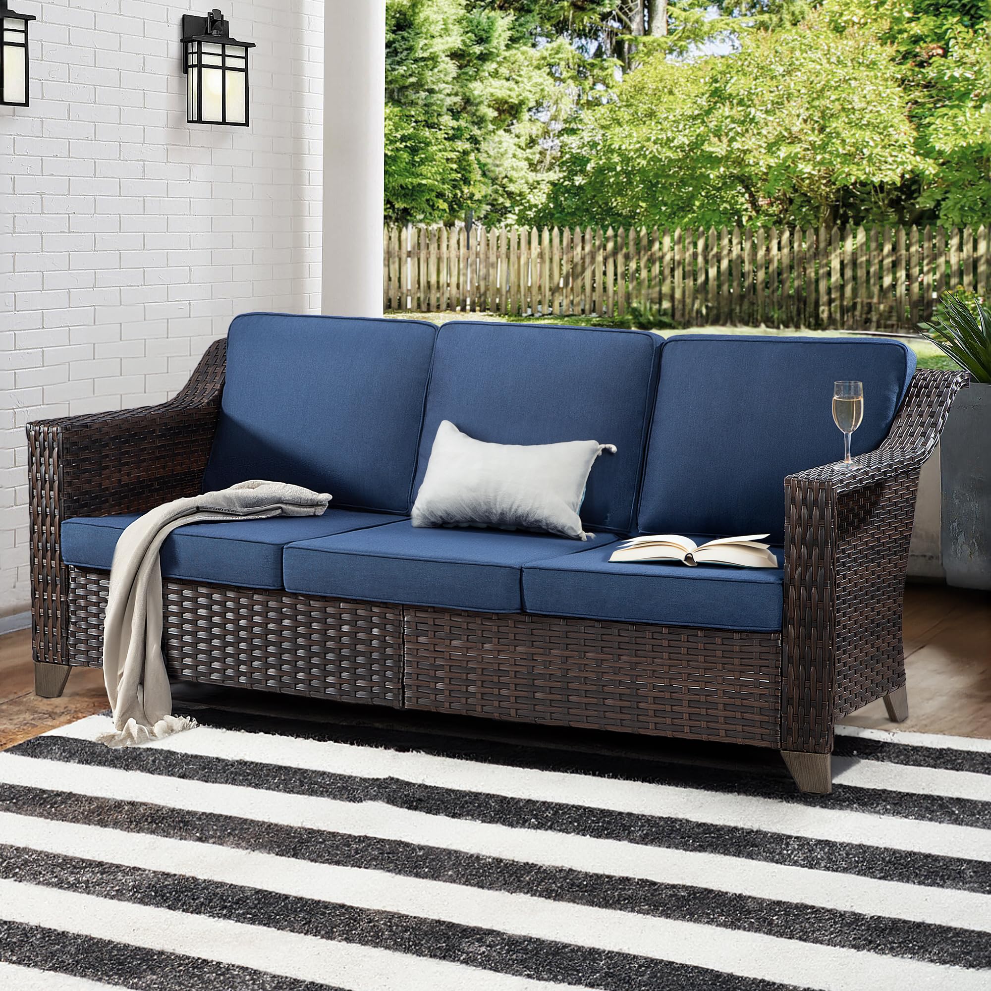 Joyside Patio Sofa - 3 Seater Rattan Sofa, All Weather High Back Sofa, Upgraded Large Size with 4inch Seat Cushions for Backyard, Garden, Poolside (Brown/Blue)