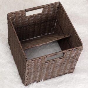 Brown Wicker Storage Basket, 10.5x10.5 Cube Woven Wicker Storage Basket for Shelves, Set of 3 Square Baskets for Shelf, Storage Cube Bins, Wicker Cube Baskets Foldable