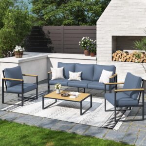 hlnptn 4 pieces outdoor patio furniture set, modern outdoor furniture sectional sofa 5 seat deep seating group, metal patio conversation sets with table, thick & washable cushions, blue