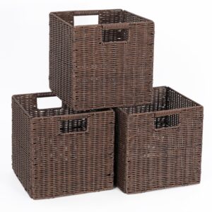 brown wicker storage basket, 10.5x10.5 cube woven wicker storage basket for shelves, set of 3 square baskets for shelf, storage cube bins, wicker cube baskets foldable