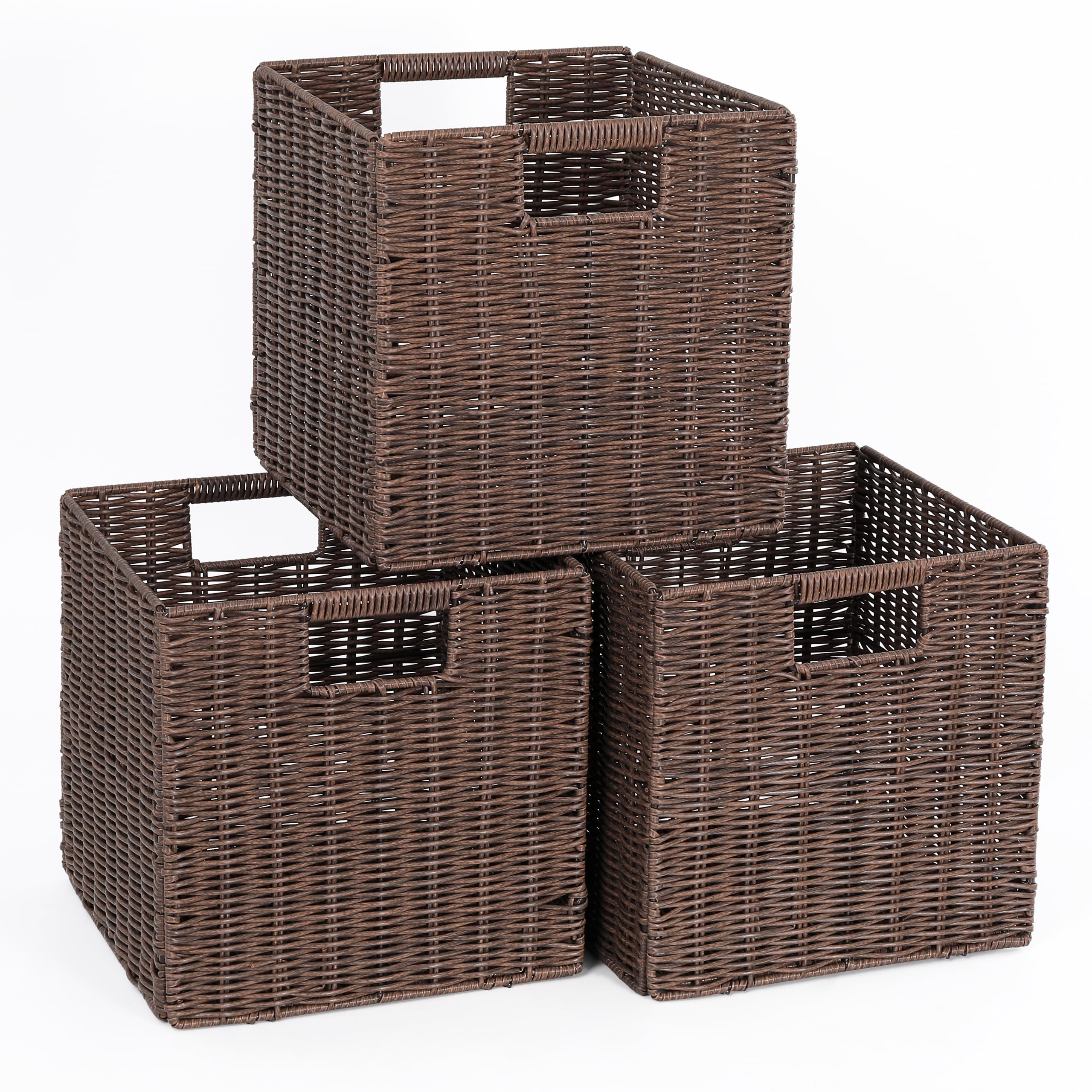 Brown Wicker Storage Basket, 10.5x10.5 Cube Woven Wicker Storage Basket for Shelves, Set of 3 Square Baskets for Shelf, Storage Cube Bins, Wicker Cube Baskets Foldable