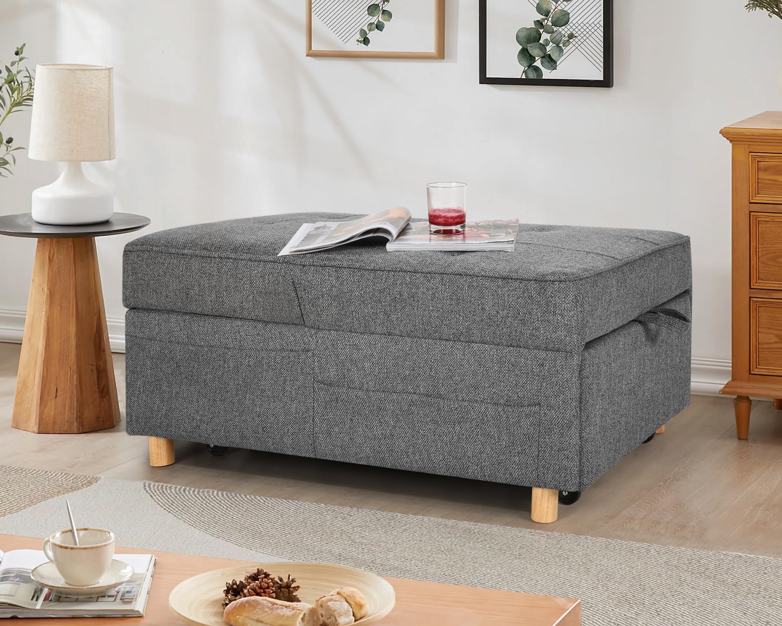 SEJOV Sleeper Sofa Chair Bed,4-in-1 Convertible Sofa Bed Chair with 6 Adjustable Backrest and Pillow, 3-Seat Pull Out Sleeper Chair Linen No Backrest for Bedroom Small Space Living Room, Dark Grey