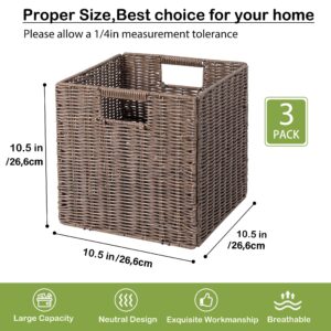 Brown Wicker Storage Basket, 10.5x10.5 Cube Woven Wicker Storage Basket for Shelves, Set of 3 Square Baskets for Shelf, Storage Cube Bins, Wicker Cube Baskets Foldable